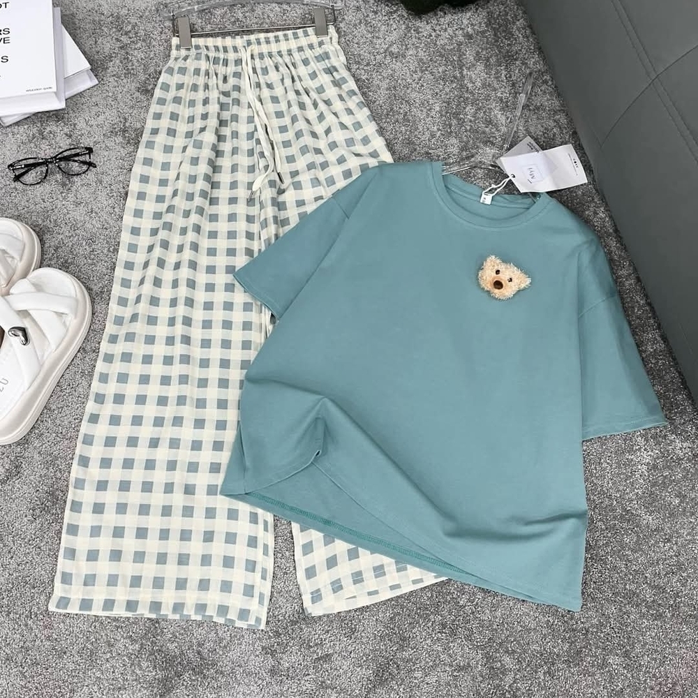 & Other Stories Blue Top and Checkered Pants Set